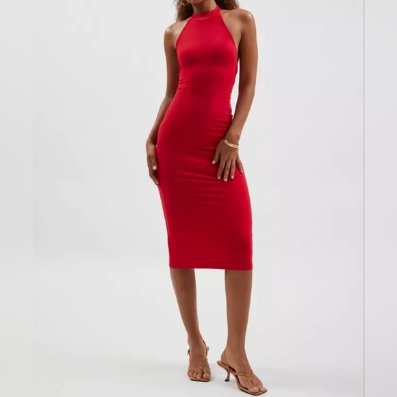 Silence + Noise Kaley Mock Neck Open Back Halter Midi Dress, Red, SMALL - Picture 1 of 8